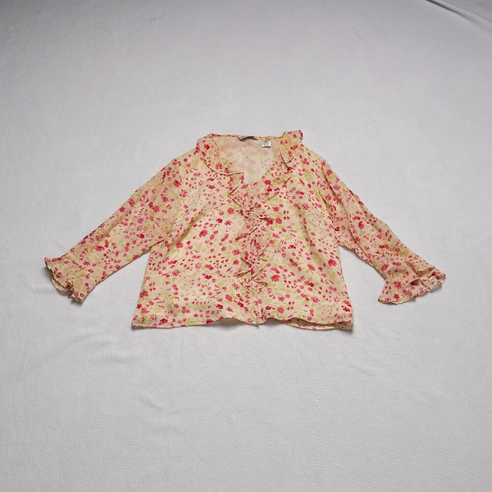 Laura Ashley Pink Floral Blouse - Ruffle V-Neck Bell Sleeve